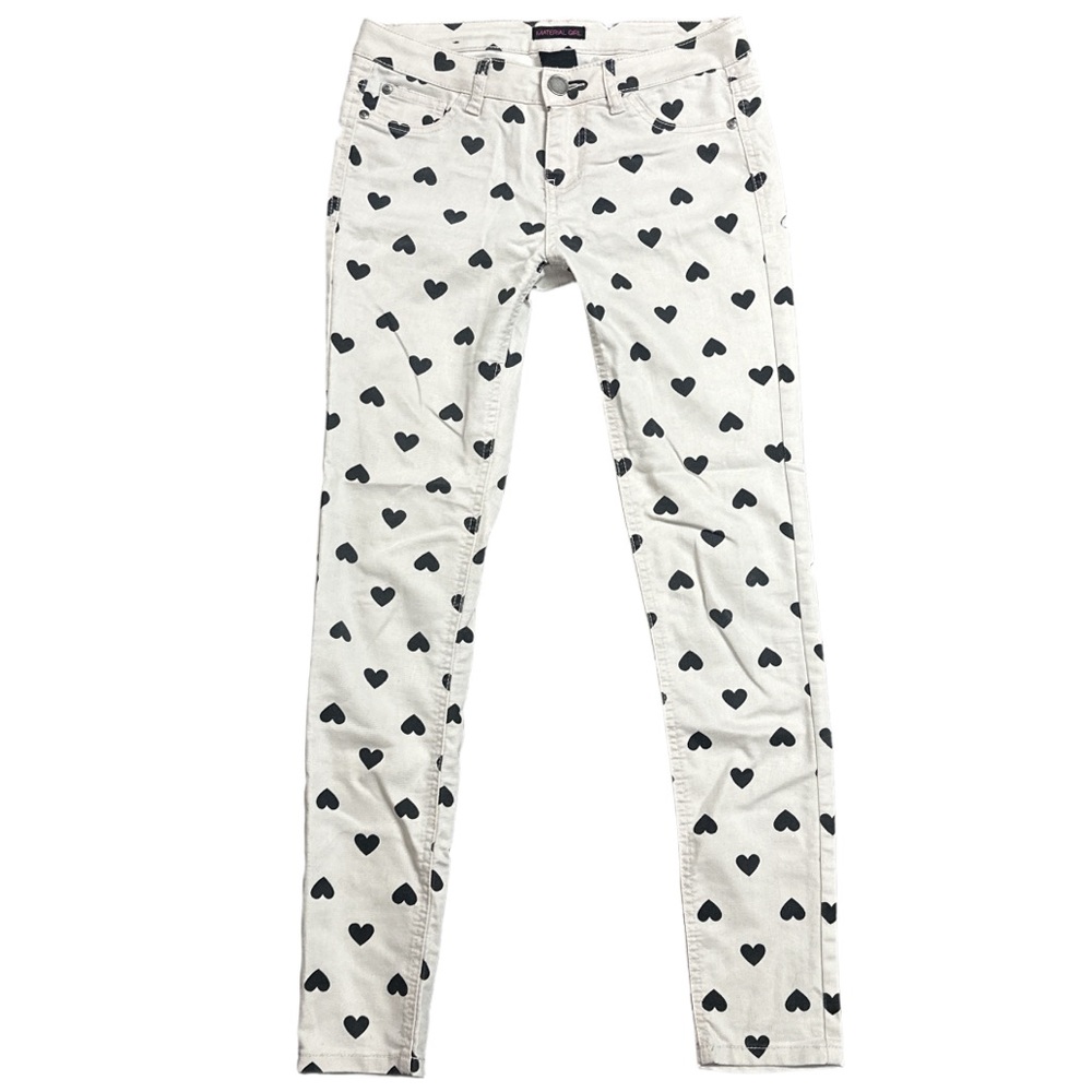 Y2K MATERIAL GIRL women's grey/black lowrise heart graphic skinny jeans, 3.